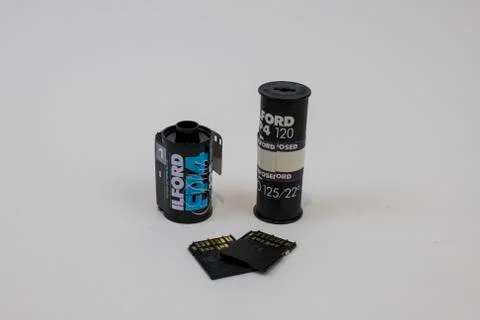 120, 35mm and SD memory card Stock Photos