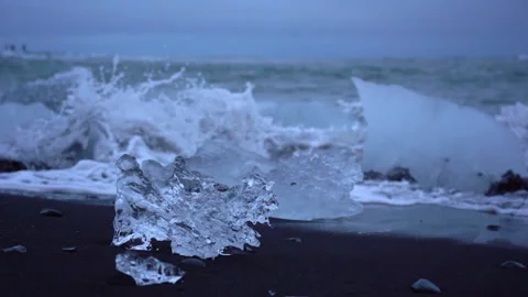 120 fps slow motion of waves from Diamond beach in Iceland. Popular holiday spot Stock Footage 134499195