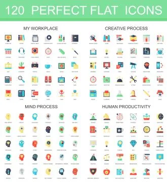 120 modern flat icon set of workplace, creative process, mind process, human Stock Illustration