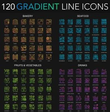 120 trendy color gradient complex thin line icons set of Bakery, Seafood, Fruits Stock Illustration