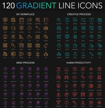 120 trendy gradient style thin line icons set of my workplace, creative process Stock Illustration