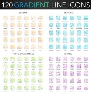 120 trendy gradient vector thin line concept complex icons set of Bakery Stock Illustration