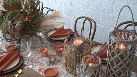 120fps Slow Motion of Dinner Table Decor Candles / Wedding Reception Stock Footage 121010054
