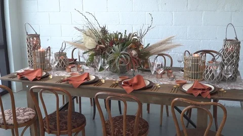 120fps Slow Motion Dinner Table Decor / Wedding Reception Stock Footage 121010057