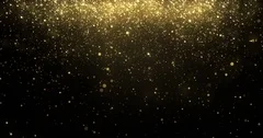 Gold glitter confetti particles falling, golden sparkling light shine background