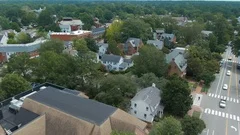 Aerial: Establishing shot of the town of Williamsburg, Virginia, USA.