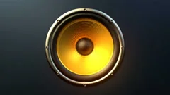 Single audio speaker with orange membrane playing modern music seamless loop