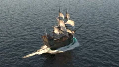 A medieval ship sailing in a vast blue ocean. The concept of sea adventures in