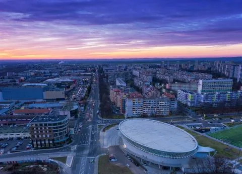 Sports complex Park Arena at sunset in Burgas, Bulgaria xkwx aerial, architecture, automobile, avenue, blue, boulevard, building, bulgaria, burgas, car, city, cityscape, cloud, destination, development, dynamic, drone, dusk, europe, evening, highway, landscape, light, outdoors, panorama, road, roadside, sky, skyline, sports complex, street, sun, swimming pool, traffic, transport, transportation, travel, town, twilight, urban, view