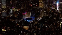 Aerial establishing shot of Madison Square Garden at night