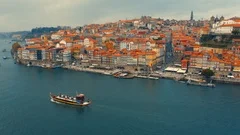 Porto, Portugal. Aerial view of the old city with the Douro river promenade