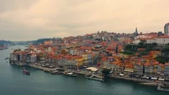 Porto, Portugal. Aerial view of the old city with promenade of the Douro river