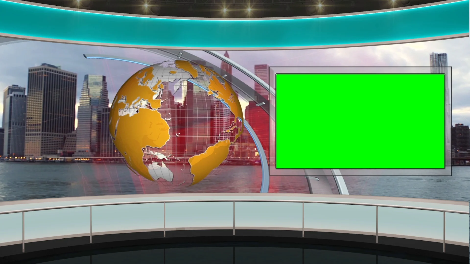 123 HD News TV Virtual Studio Green Screen Background blue globe yellow Monit