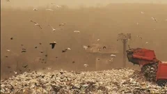 Red trash truck spills garbage in a landfill. City dump in slow motion.