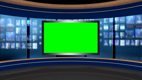 124 HD News TV Virtual Studio Green Screen Background wood control room Monit Stock Footage