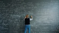 Crazy scientist writing formulas on chalkboard then shouting beating board