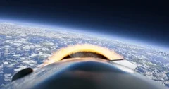 Rocket fuel tank separation flying after launch animation. Daylight.