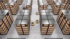 Autonomous robots moving shelves in automated warehouse. Seamless looping aerial