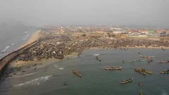 Accra, Jamestown fishing harbor. Drone view, panel