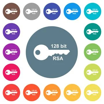 128 bit rsa encryption flat white icons on round color backgrounds Stock Illustration