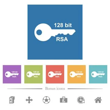 128 bit rsa encryption flat white icons in square backgrounds Stock Illustration