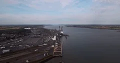 Drone flies above Harwich international Port and the docked ship Stena