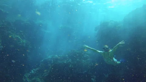 12965slow motion still view of a blond female skinny slim snorkeler wearing biki Stock Footage 328648220