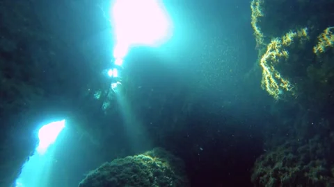 12969 slow motion of bottom to top view of Jesus light shinning through blue oce Stock Footage 328648190