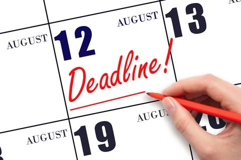 12th day of August. Hand drawing red line and writing the text Deadline on ca Stock Photos
