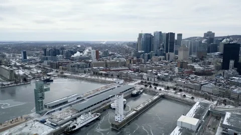 12th of December 2025 Winter drone flight above the Old Port waterfront park. Stock Footage 303233513