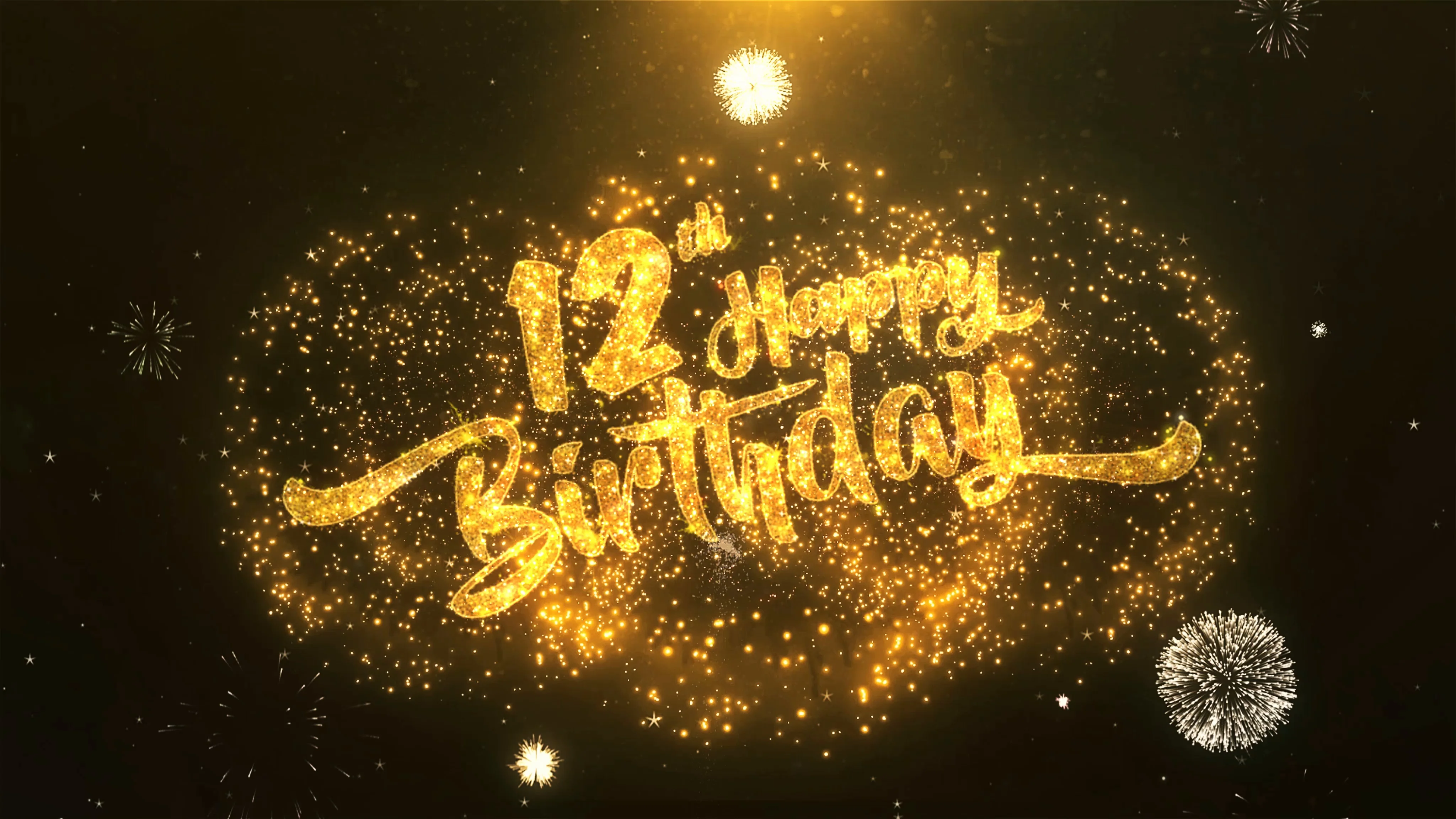 12th Happy birthday Celebration, Wishes, Greeting Text on Golden Firework