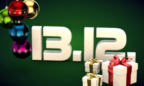 13 12 date calendar gift box christmas tree balls 3d illustration Stock Illustration
