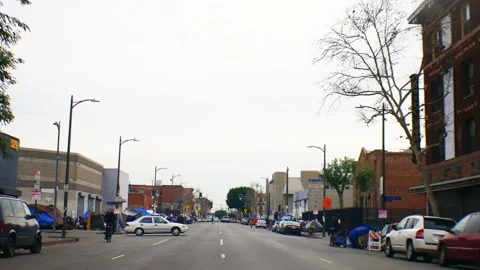 13 4K MOTION DTLA 6th And Towne AV Homeless Encampment 2 Tents People Stock Footage 165766243