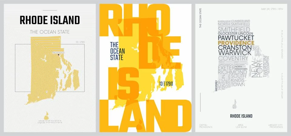 13 of 50 sets, US State Posters with name and Information in 3 Design Styles, Illustrazione stock