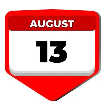 13 August vector icon calendar day. 13 date of august. Thirteenth day of august Stock Illustration