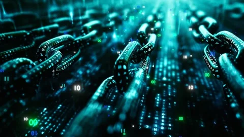 13 seconds moving blockchains binary code fly out Stock Footage 283080689
