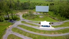 Sideways aerial view of empty drive-in movie theater