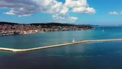 Aerial view of the De Bosset Bridge in Argostoli city on Kefalonia island. De