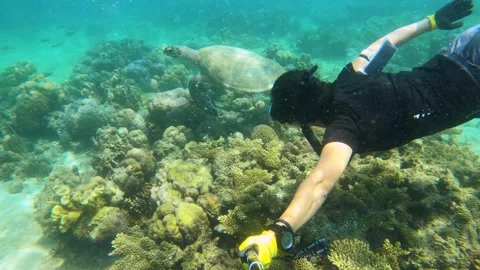 13215-4 slow motion view selfie shot of an asian female free diver wearing snork Video stock 337792146