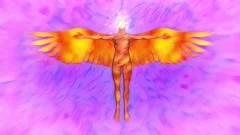 Angelic being in heavenly realm. Wings open wide . Colorful clouds. 3d animation