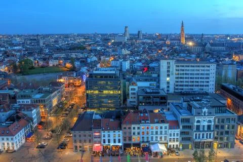 Aerial  view  over  the  city  of  Antwerp  in  Belgium  from  the  MAS  tower  at  twilight  time. xkwx antwerp,  belgium,  belgian,  skyline,  aerial,  twilight,  dusk,  houses,  blue  hour,  old  town,  cathedral,  landmarks,  architecture,  above,  bird  eye,  panoramic,  europe,  european,  red  light  district,  mas  tower,  view,  vista,  vantage  point,  sky,  streets,  restaurants,  benelux