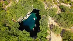 Famous Melissani lake on Kefalonia island, Karavomylos, Greece. On top of Mel