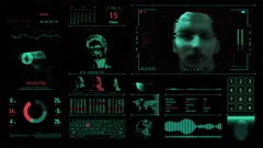 Futuristic HUD security panel running facial recognition software with