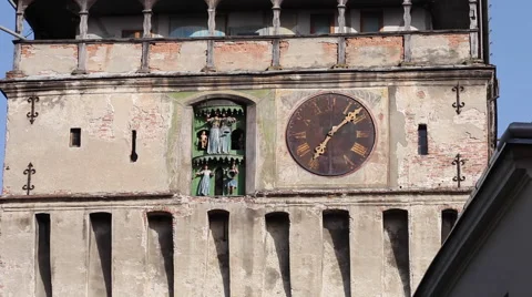 13th century clock tower, figurines, landmark, medieval, Sighisoara,Transylvania Stock Footage 44893494