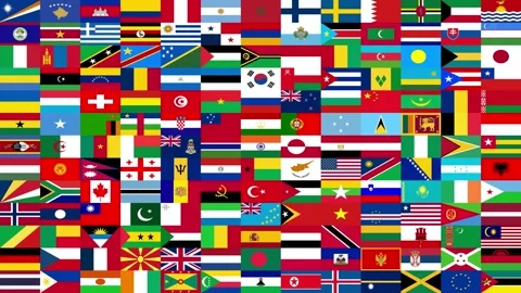 13x13 grid pattern of different world country flags creating a mosaic of Stock Footage 321548830