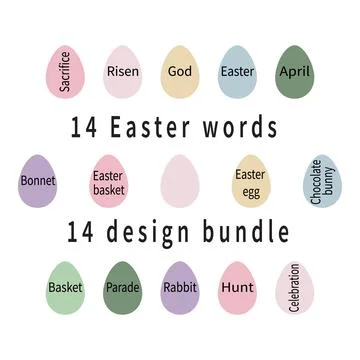 14 basic Easter words set on colored festive eggs Stock Illustration