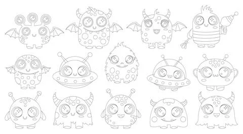 14 Cute Alien Monsters and UFO Spaceships Line Art Bundle for Kids Activity.. Stock Illustration