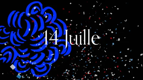 14 Juillet text over blue abstract shapes and confetti animation Stock Footage 306434769