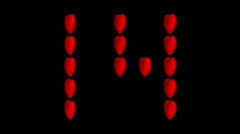 14 rotating red hearts form the number 14 on a black background. Stock Footage 59538718