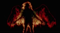 Mothman . Winged human creature spreading wings. 3d animation rendering